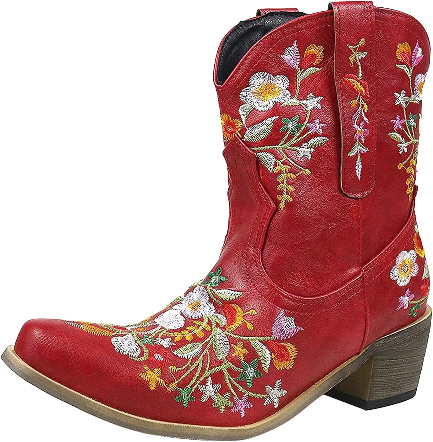 AMDBEL Wide Calf Boots for Women, Women's Boots Winter, Cowboy Boots for Women Mid Calf Cowgirl Western Boots Sunflower Embroidery Stitched Square Toe Low Heel Ankle Boots