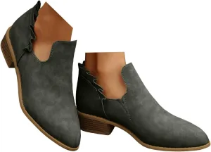 Ankle Boots for Women Low Heels Fall Fashion Chunky Stacked Cutout Booties Dress Short Ruffle Slip On Pointed Toe Shoes Booties