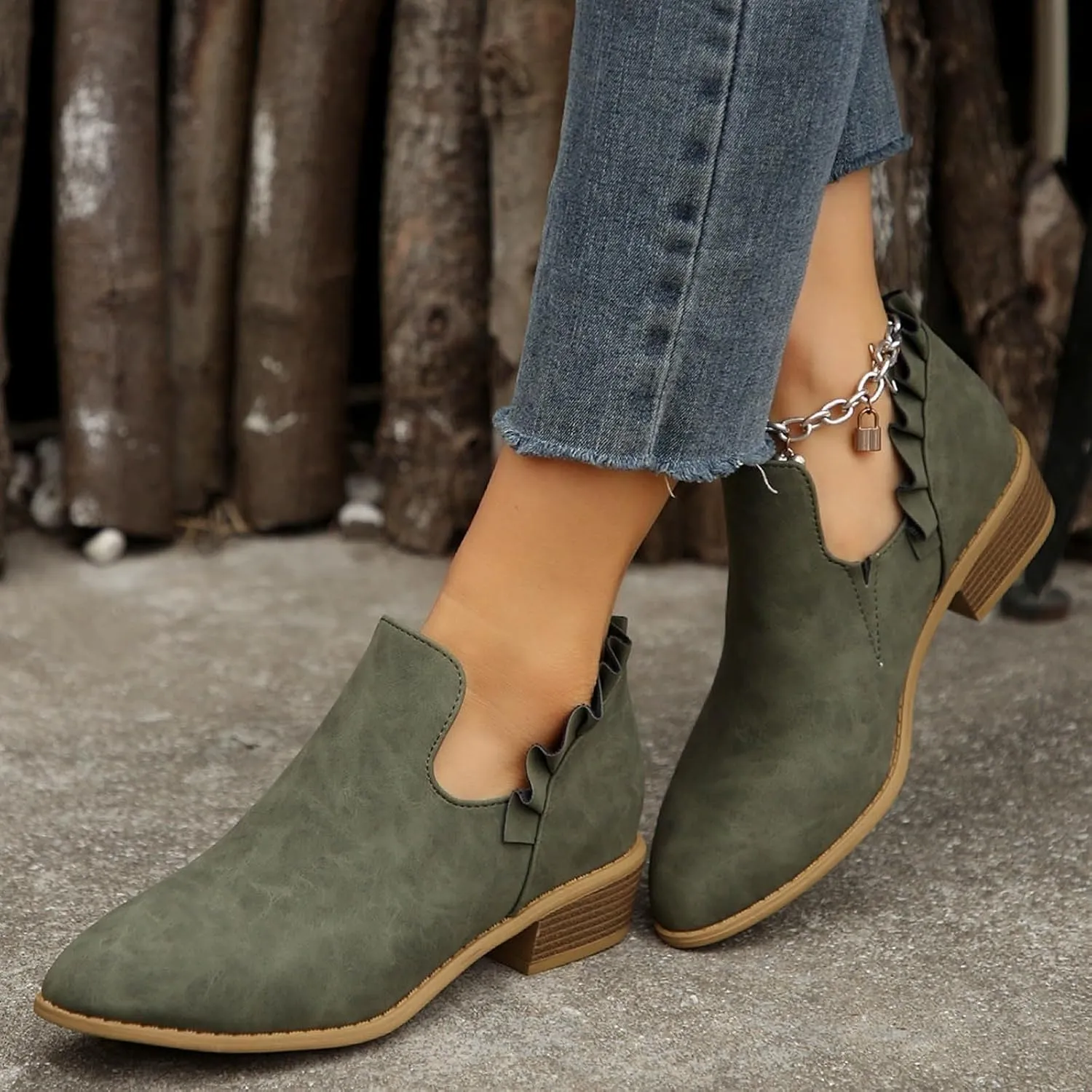 Ankle Boots for Women Low Heels Fall Fashion Chunky Stacked Cutout Booties Dress Short Ruffle Slip On Pointed Toe Shoes Booties