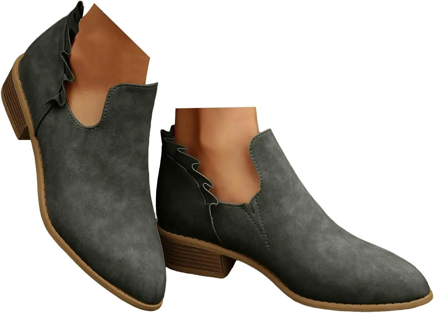 Ankle Boots for Women Low Heels Fall Fashion Chunky Stacked Cutout Booties Dress Short Ruffle Slip On Pointed Toe Shoes Booties