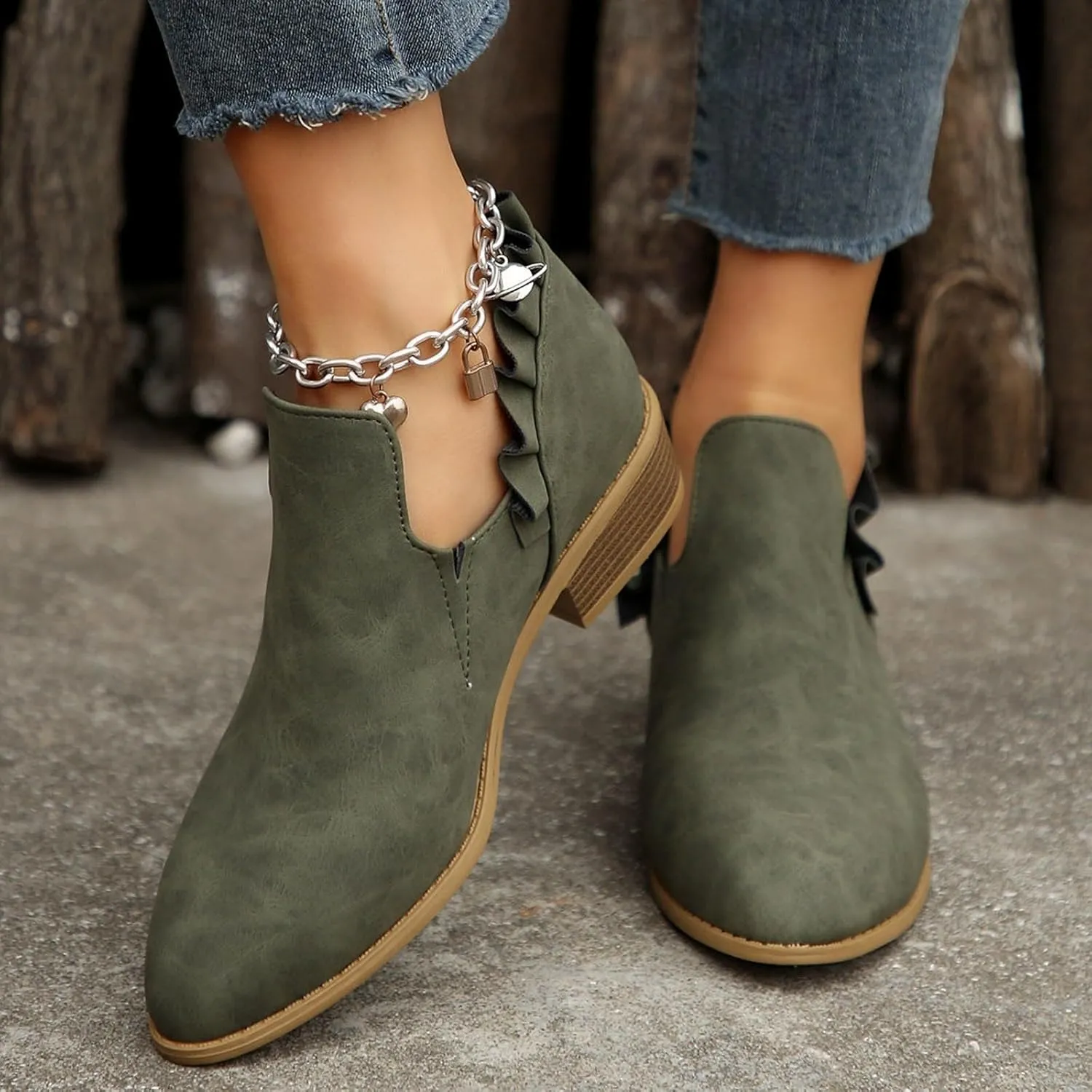 Ankle Boots for Women Low Heels Fall Fashion Chunky Stacked Cutout Booties Dress Short Ruffle Slip On Pointed Toe Shoes Booties