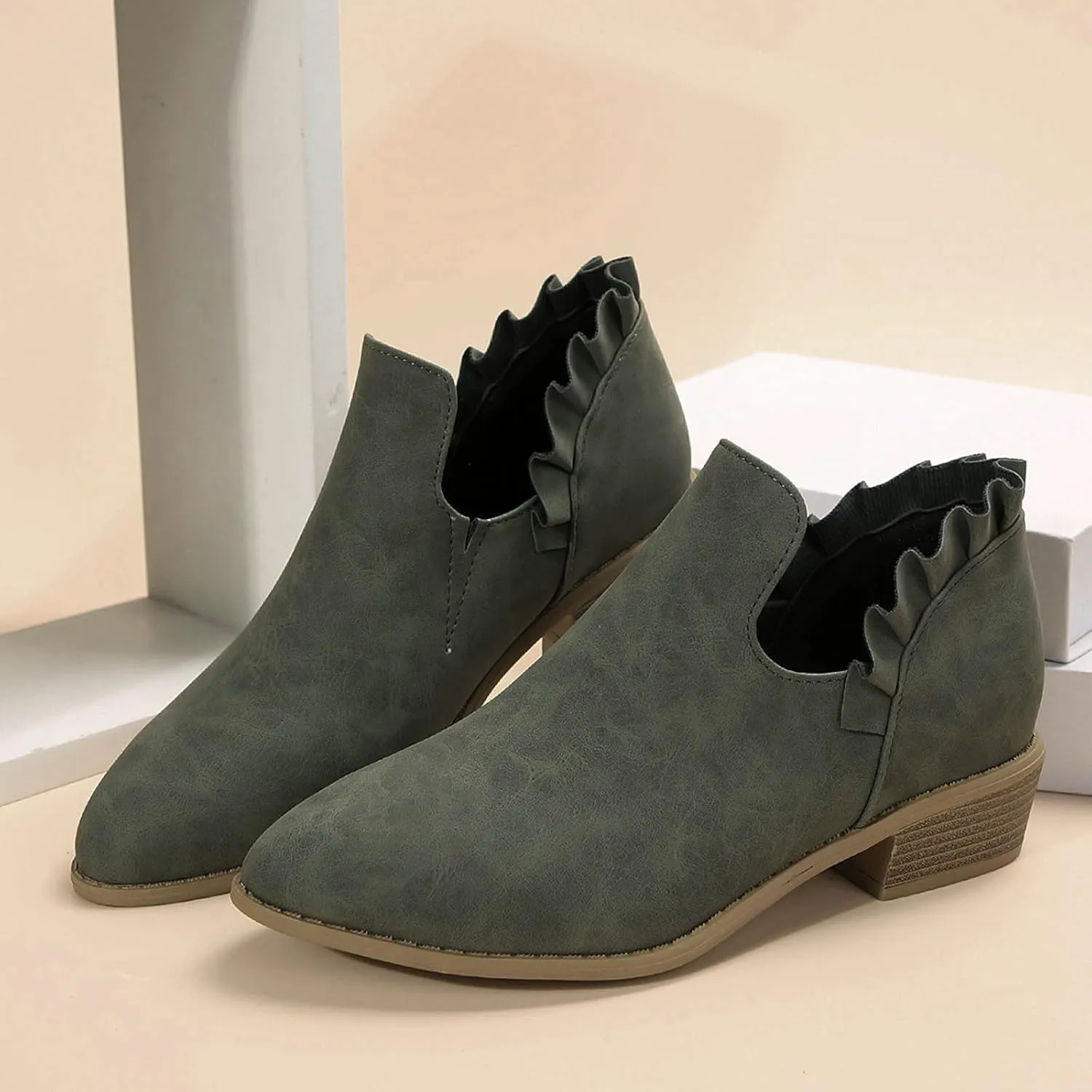 Ankle Boots for Women Low Heels Fall Fashion Chunky Stacked Cutout Booties Dress Short Ruffle Slip On Pointed Toe Shoes Booties