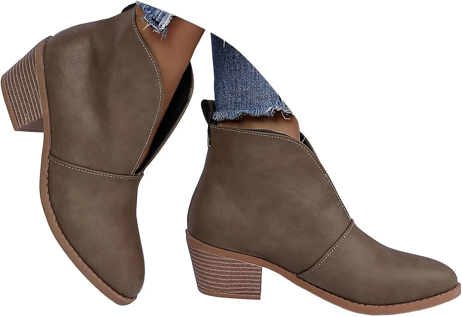 Ankle Boots for Women Womens Western Ankle Boots Pointed Toe V Cut Chelsea Booties Slip On Chunky Low Heel Fashion Booties