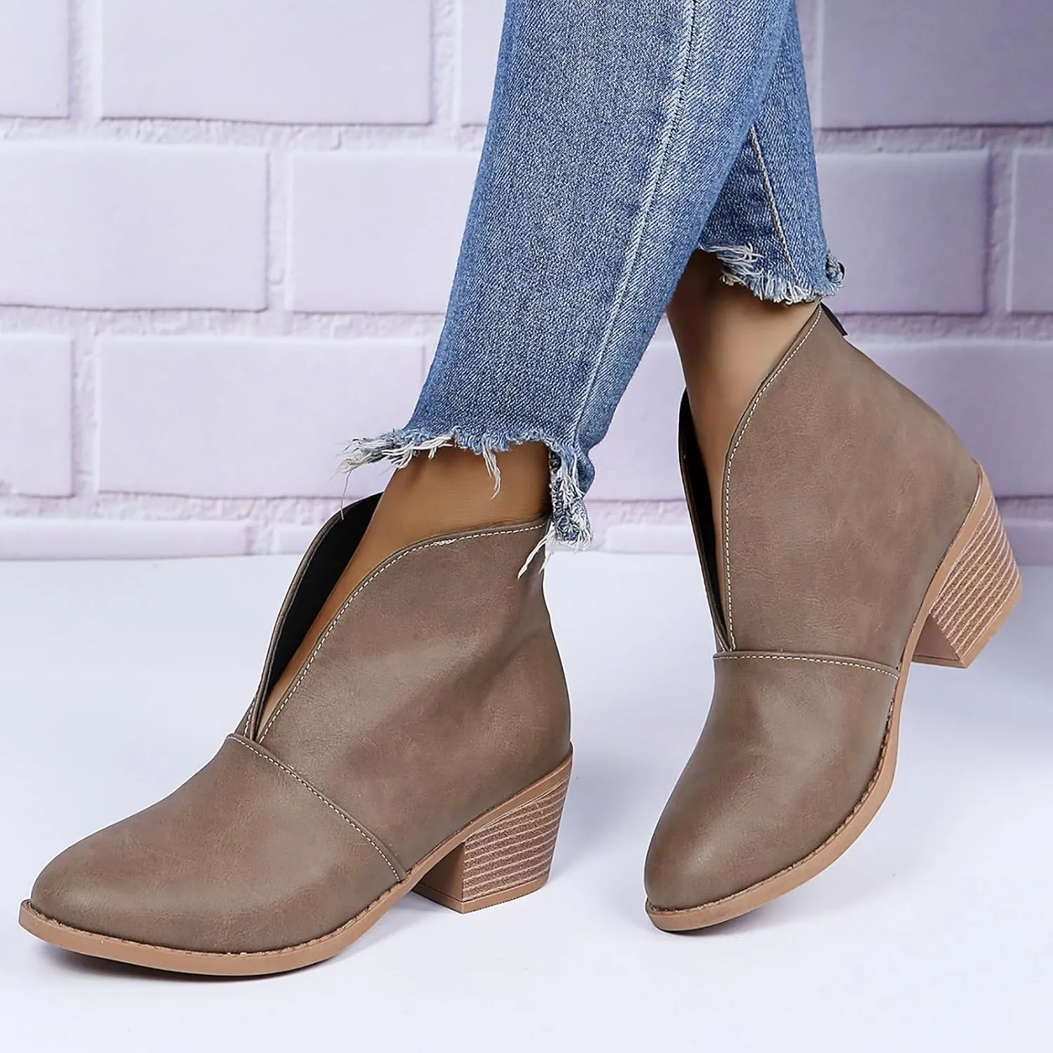 Ankle Boots for Women Womens Western Ankle Boots Pointed Toe V Cut Chelsea Booties Slip On Chunky Low Heel Fashion Booties