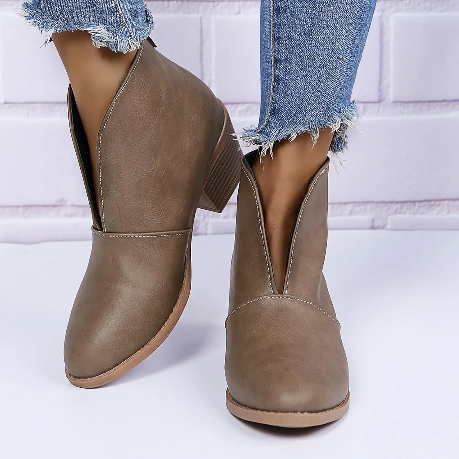 Ankle Boots for Women Womens Western Ankle Boots Pointed Toe V Cut Chelsea Booties Slip On Chunky Low Heel Fashion Booties