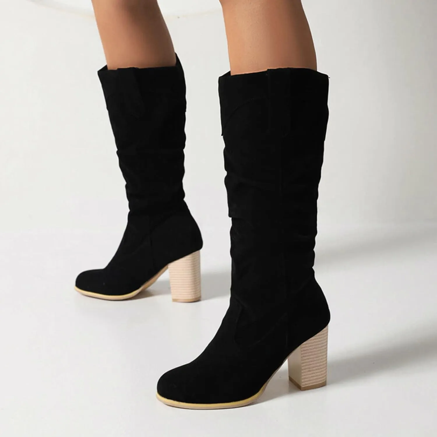 Ankle Boots for Women Women's Western slouchy Mid Calf Boots Fashion Round Toe Confortable Chunky Stacked Heel Booties