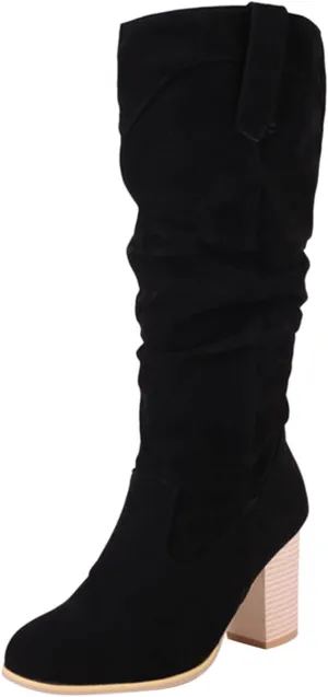 Ankle Boots for Women Women's Western slouchy Mid Calf Boots Fashion Round Toe Confortable Chunky Stacked Heel Booties