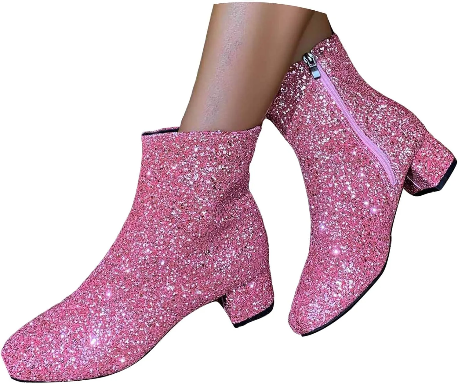 Boots for Women Fashion Glitter Chunky Heel Ankle Boots Sequins Block High Heels Pointed Toe with Side Zipper Booties