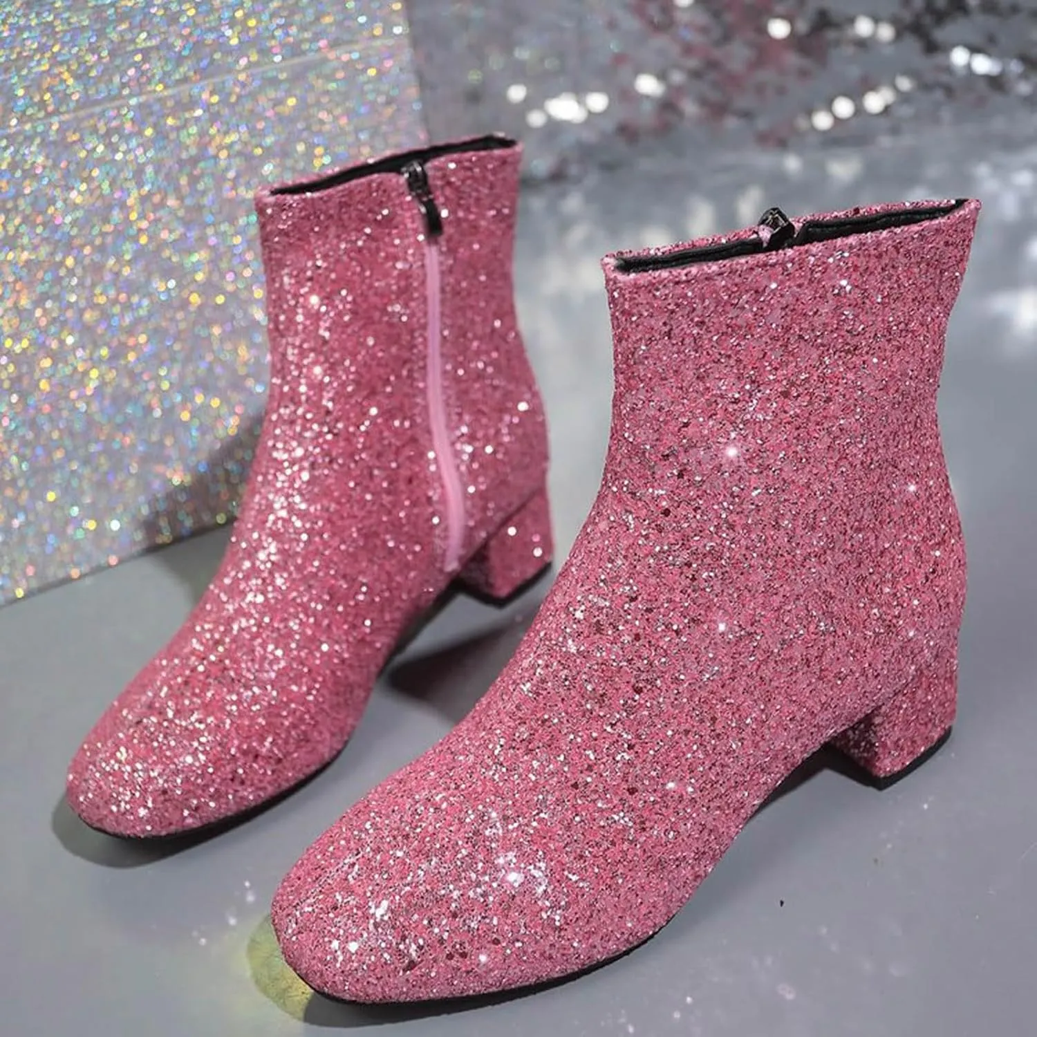 Boots for Women Fashion Glitter Chunky Heel Ankle Boots Sequins Block High Heels Pointed Toe with Side Zipper Booties