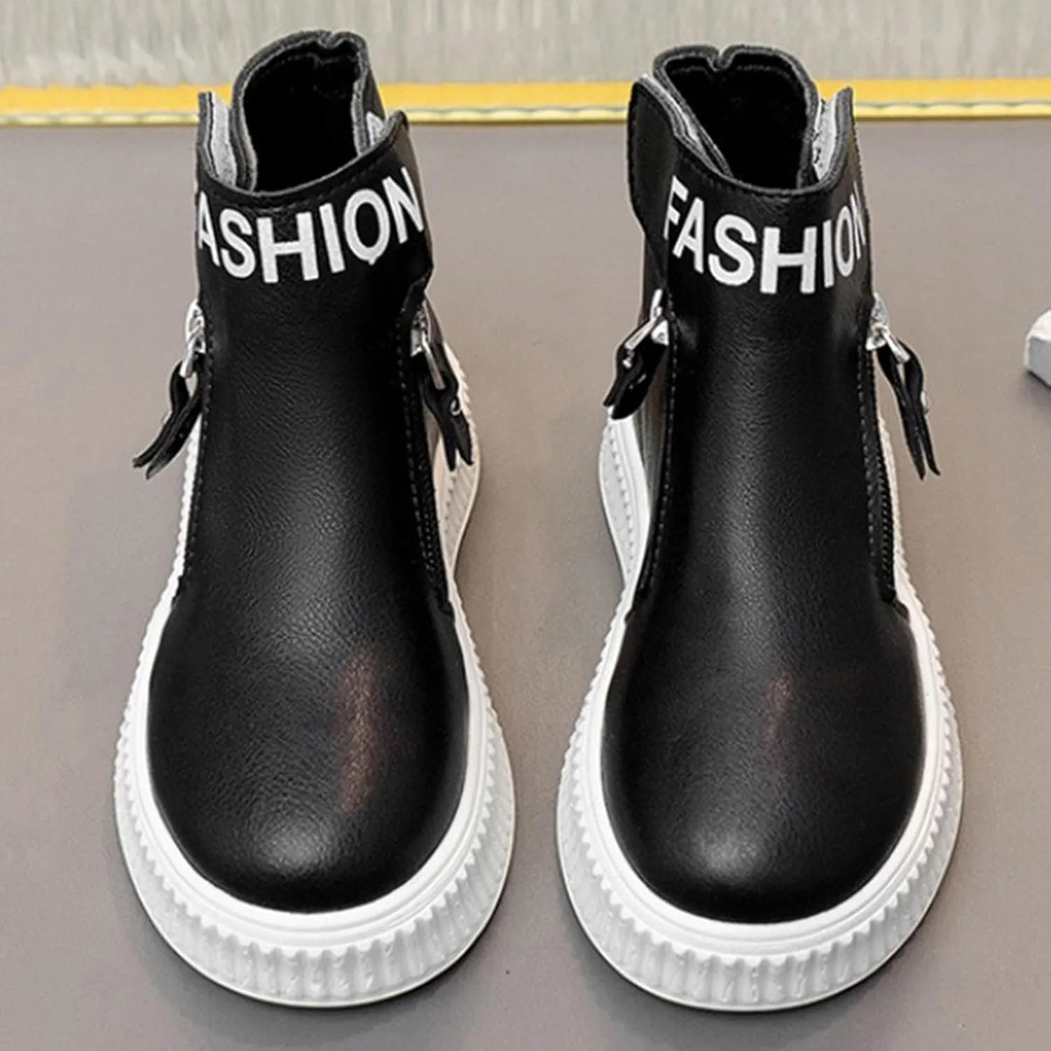 Boys Kids Leather Booties Childrens Fashion Side Zipper Chunky Sole Flat Shoes Light Breathable Fuzzy Boots Warm Comfy