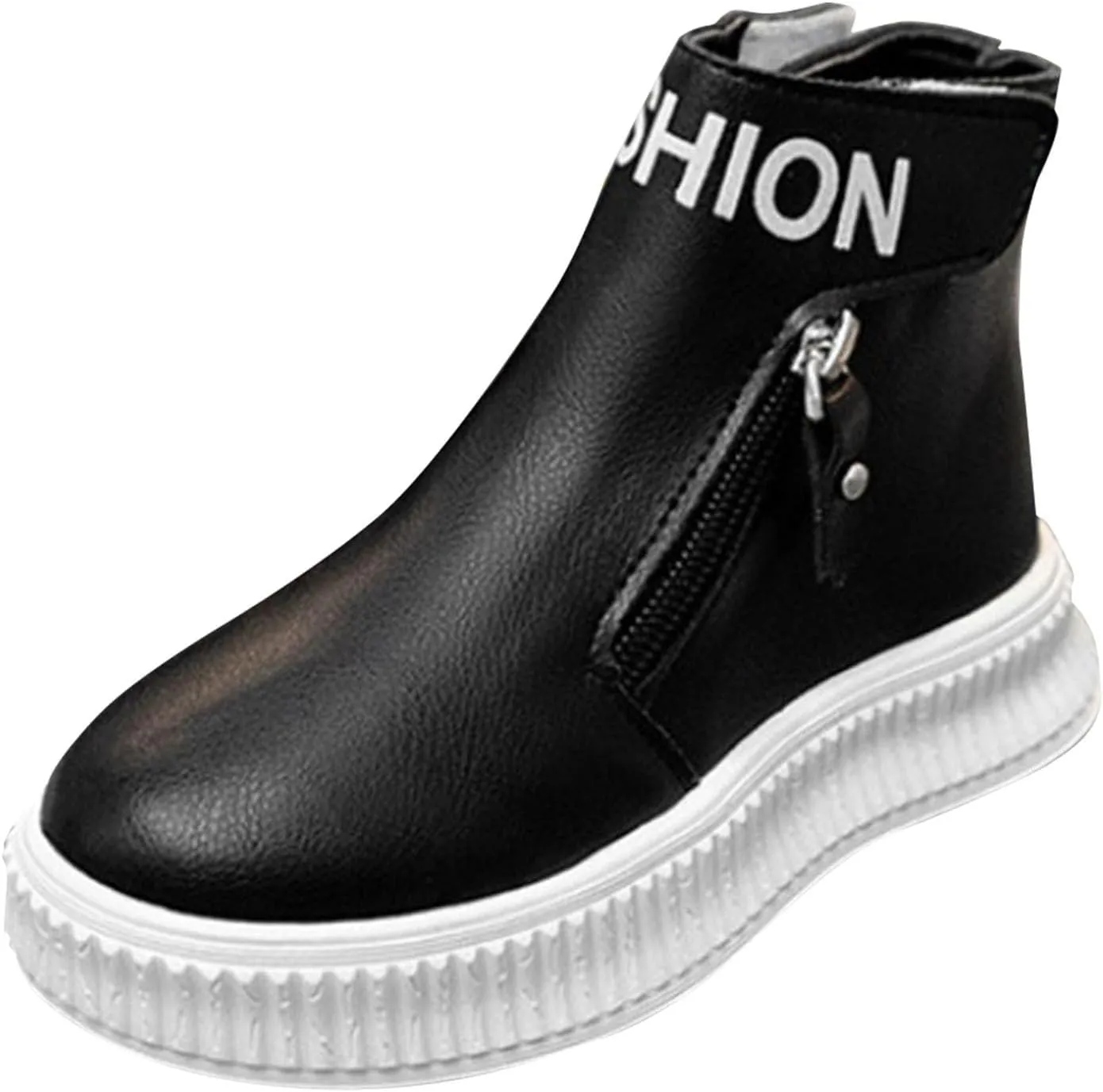 Boys Kids Leather Booties Childrens Fashion Side Zipper Chunky Sole Flat Shoes Light Breathable Fuzzy Boots Warm Comfy