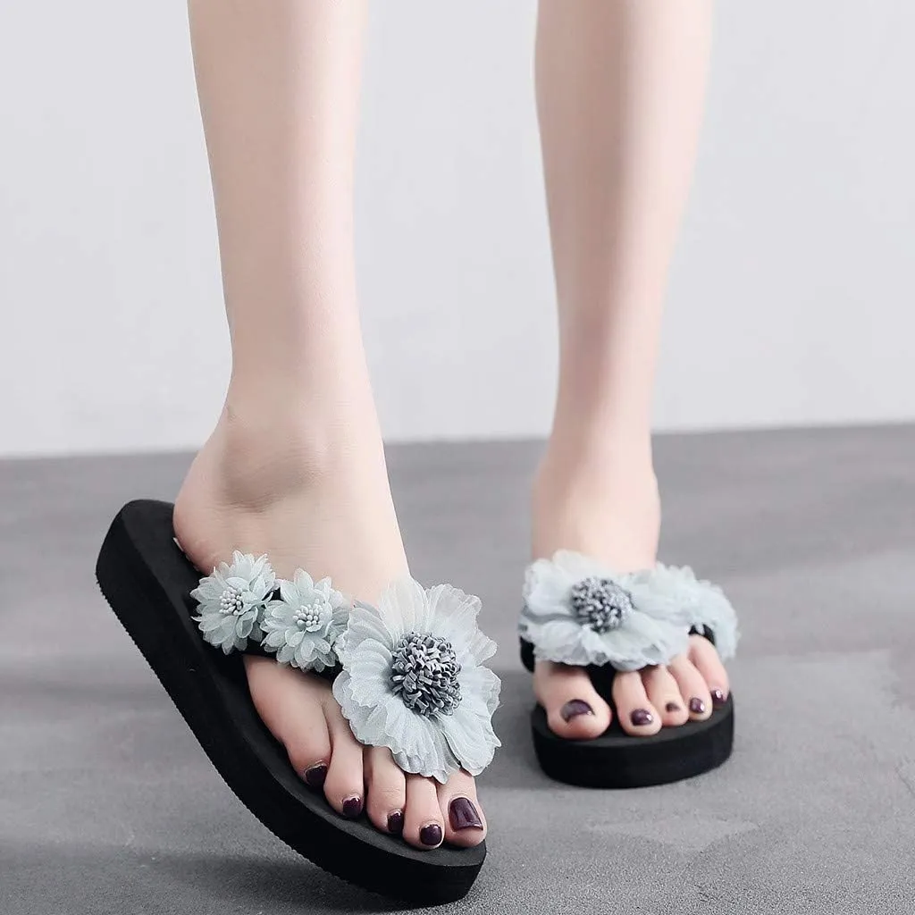 Casual Shoes Flower Flat Flip Flops for Women Summer Beach Slippers Slip On Flat Sandals Open Toe Slides (Light Blue, 8)