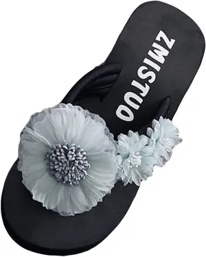 Casual Shoes Flower Flat Flip Flops for Women Summer Beach Slippers Slip On Flat Sandals Open Toe Slides (Light Blue, 8)
