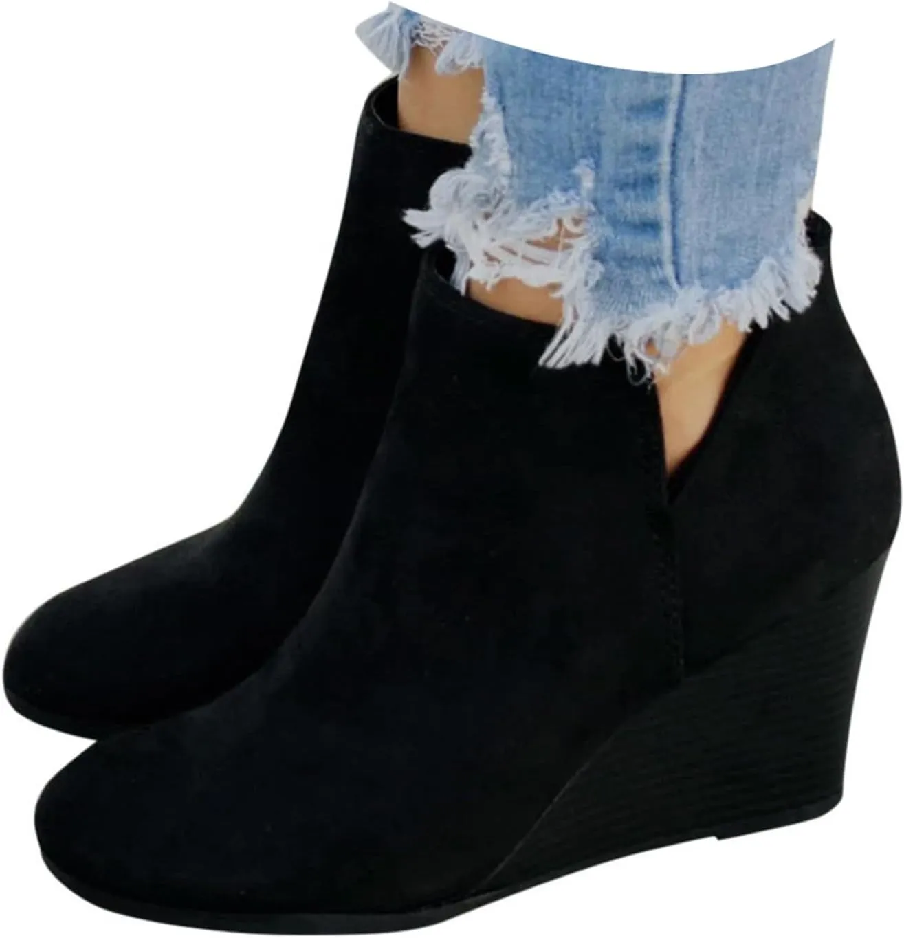 Cathalem Ankle Booties for Women V Cut Wedges Ankle Boots Retro Cutout Comfy Short Boots Stacked Chunky Block Heels Shoes