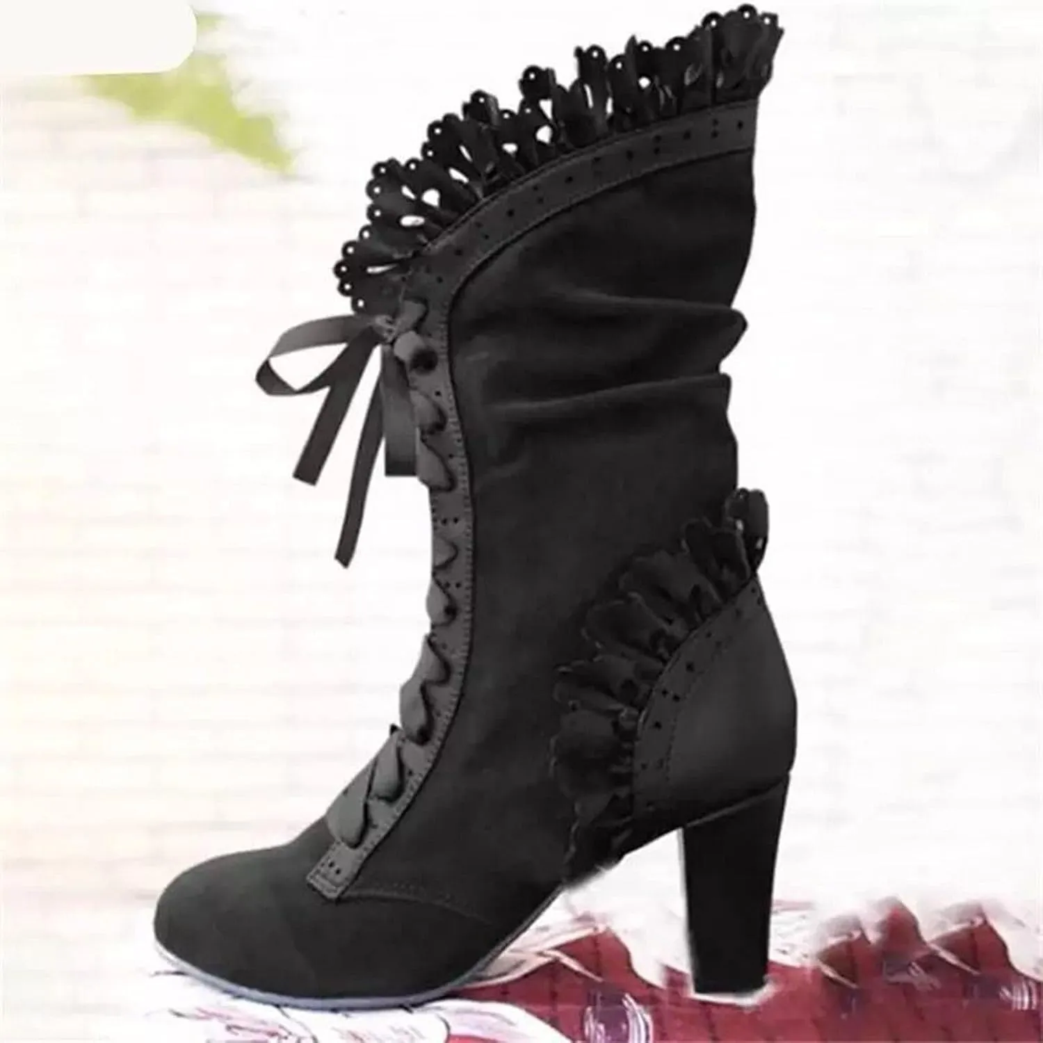 Cathalem Women's Knee High Boots for Women Gothic Boots Halloween Womens Mid Calf Boots Chunky Heel Mesh Vintage Boots