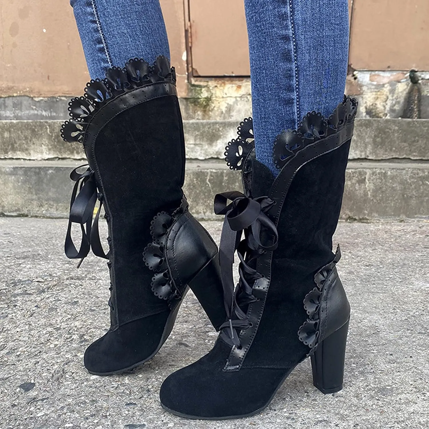 Cathalem Women's Knee High Boots for Women Gothic Boots Halloween Womens Mid Calf Boots Chunky Heel Mesh Vintage Boots