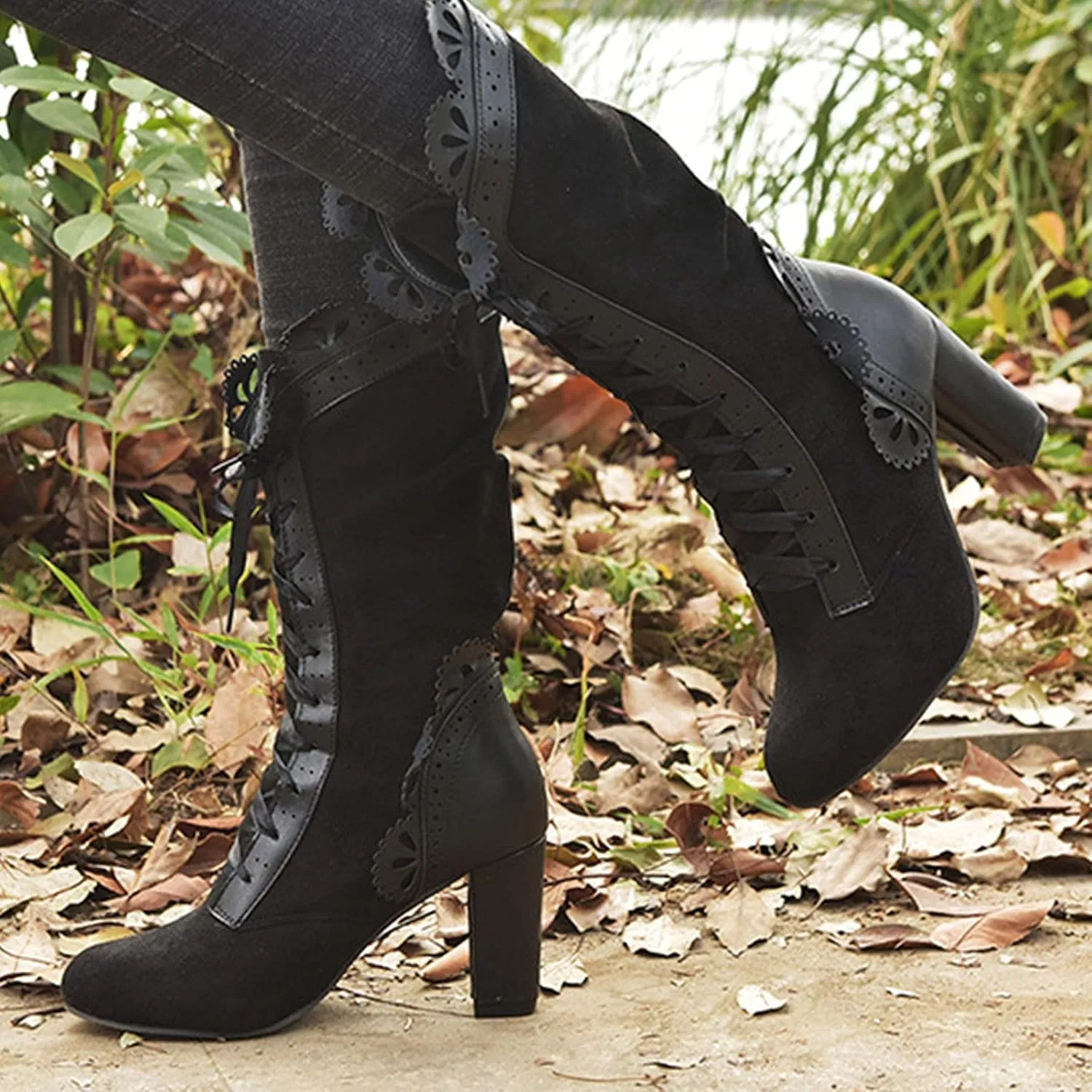 Cathalem Women's Knee High Boots for Women Gothic Boots Halloween Womens Mid Calf Boots Chunky Heel Mesh Vintage Boots