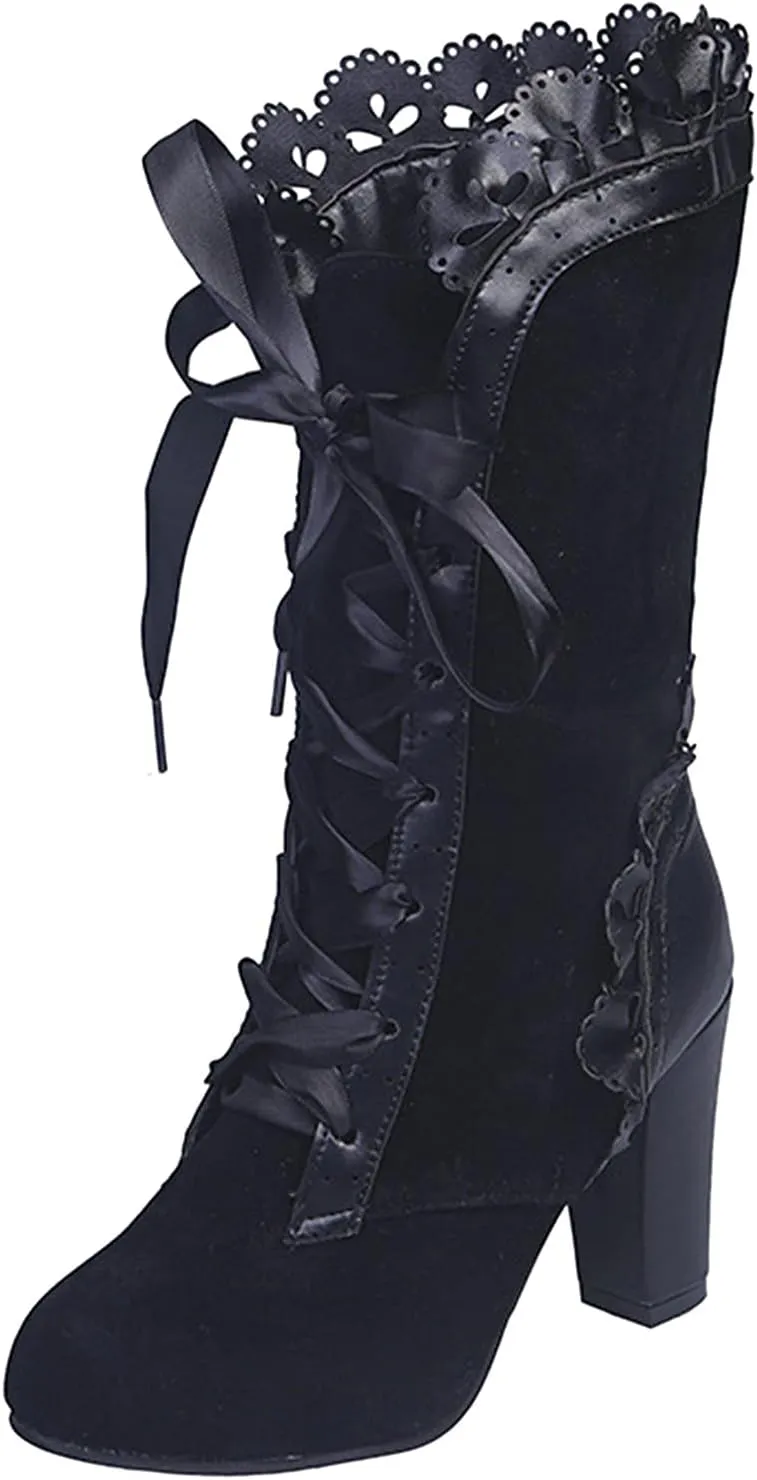 Cathalem Women's Knee High Boots for Women Gothic Boots Halloween Womens Mid Calf Boots Chunky Heel Mesh Vintage Boots