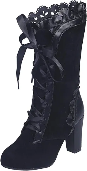 Cathalem Women's Knee High Boots for Women Gothic Boots Halloween Womens Mid Calf Boots Chunky Heel Mesh Vintage Boots