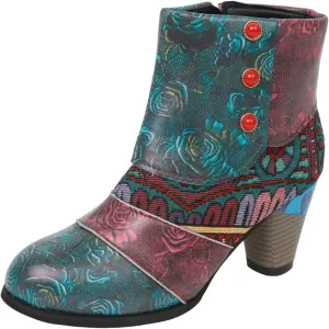 Cowboy Boots for Women Women's Embroidered Ankle Boots Fashion Leather Trendy Chunky Block Heel Dress Short Boots Round Toe