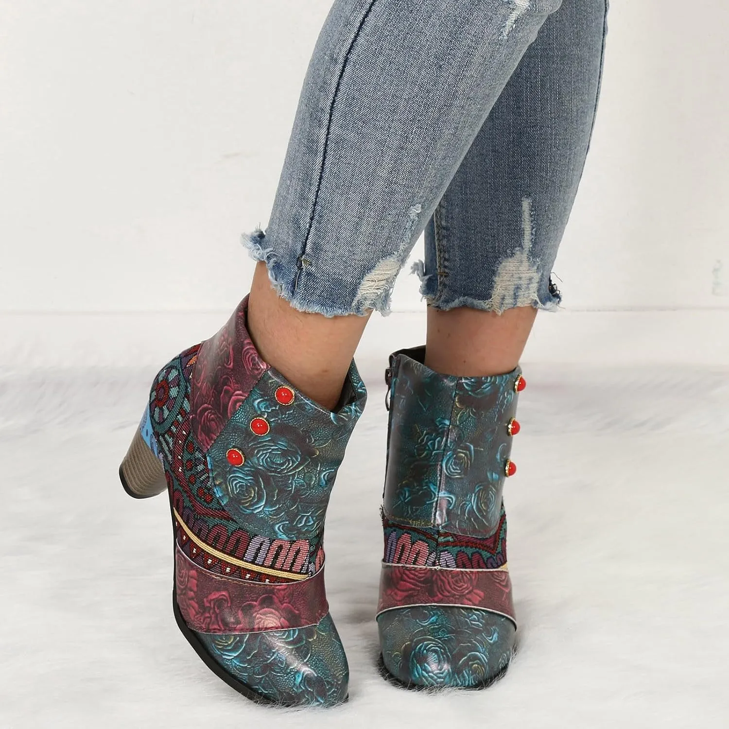 Cowboy Boots for Women Women's Embroidered Ankle Boots Fashion Leather Trendy Chunky Block Heel Dress Short Boots Round Toe