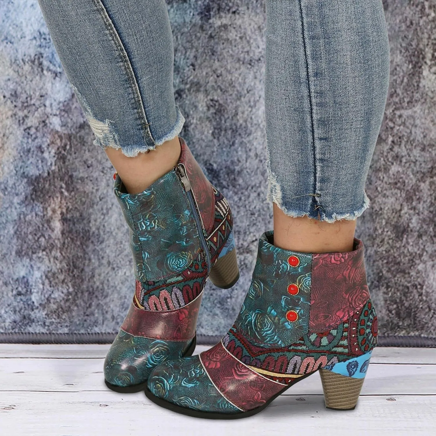 Cowboy Boots for Women Women's Embroidered Ankle Boots Fashion Leather Trendy Chunky Block Heel Dress Short Boots Round Toe