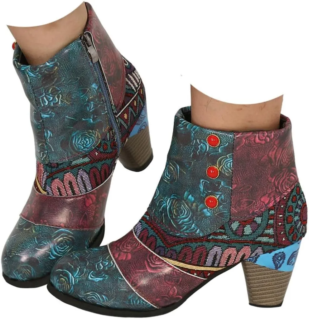 Cowboy Boots for Women Women's Embroidered Ankle Boots Fashion Leather Trendy Chunky Block Heel Dress Short Boots Round Toe
