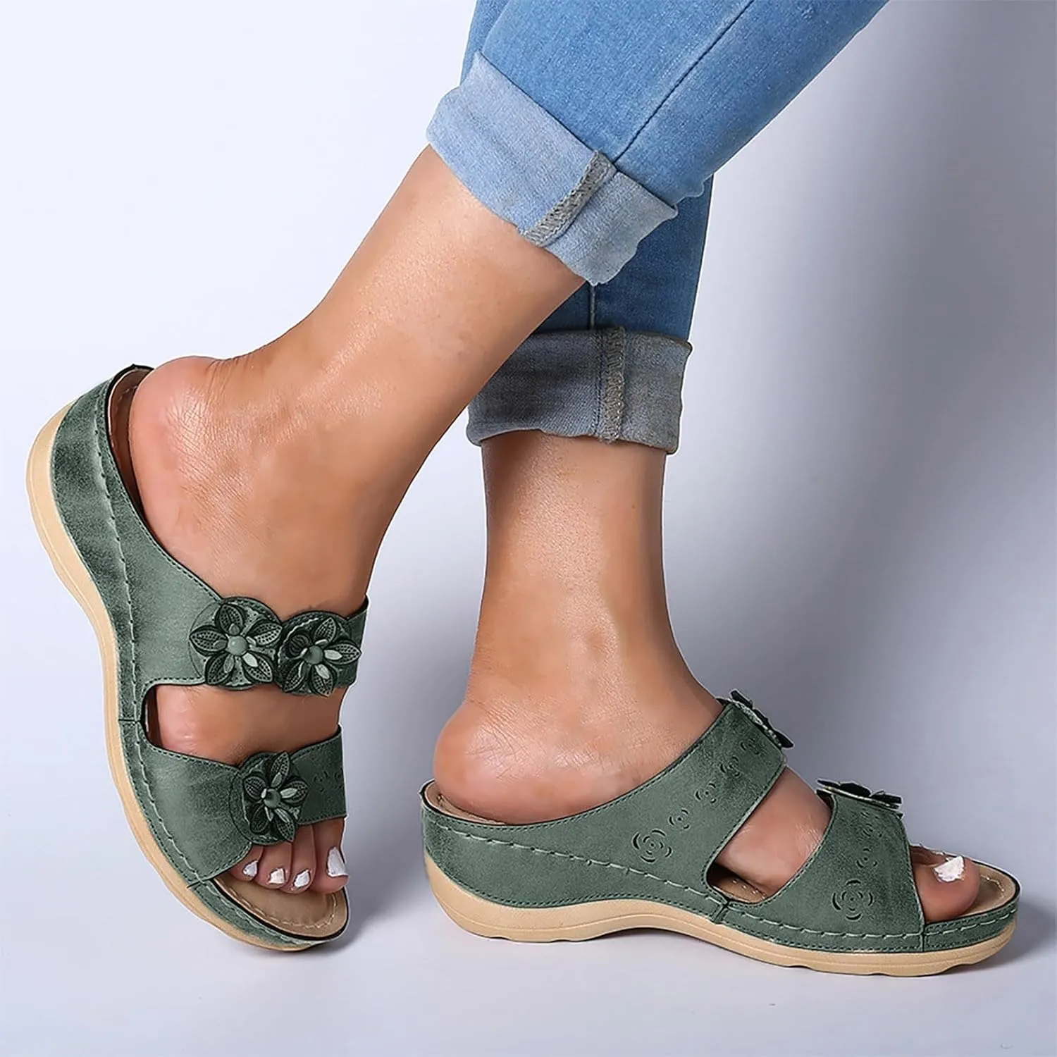 Eduavar Walking Sandals Women Comfort, Womens Sandals Leopard Print Sandals Breathable Peep Toe Slip On Wedge Sandals Shoes