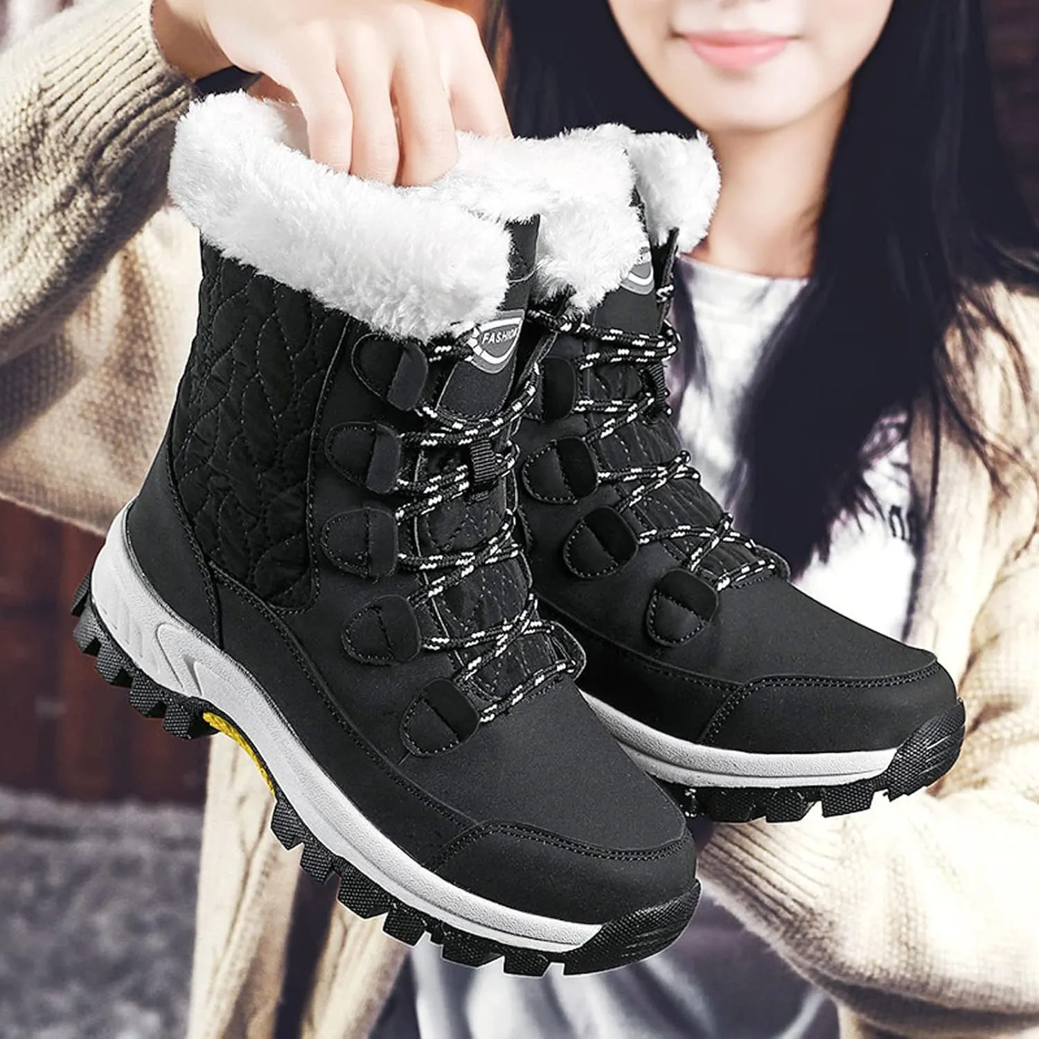 Hiking Boots Women Warm Lace-Up Snow Ankle Boots Velvet Cotton Winter Flats Short Booties Hiking Boots
