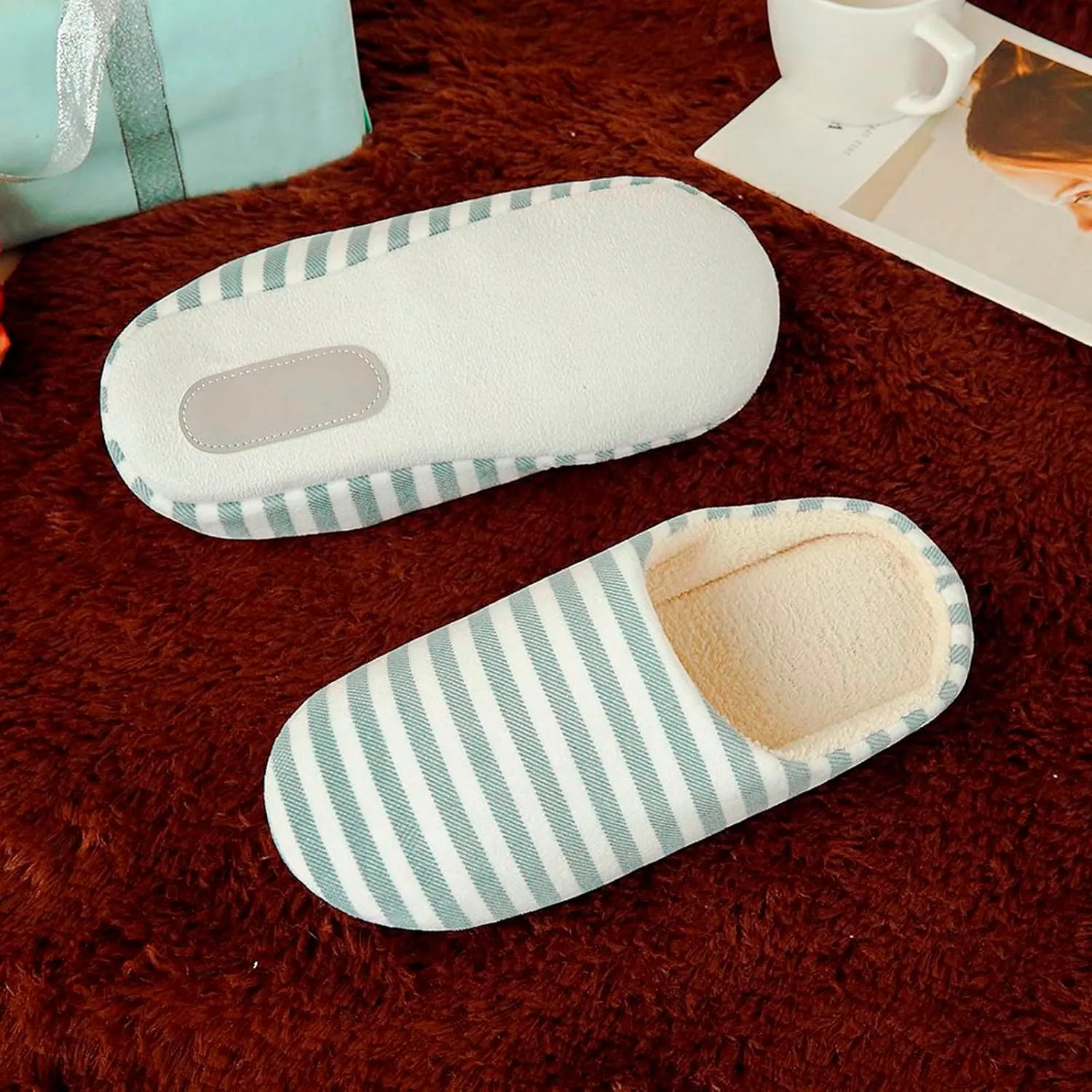 hlysgo Womens Fuzzy House Slipper Colorful Striped Lightweight Indoor Outdoor Winter Bed Slippers with Memory Foam