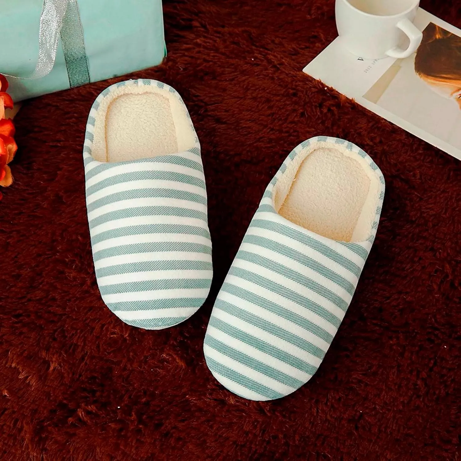 hlysgo Womens Fuzzy House Slipper Colorful Striped Lightweight Indoor Outdoor Winter Bed Slippers with Memory Foam
