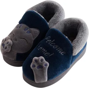Kids Cartoon Cat Plush House Slippers 2-10Years Boys Girls Cozy Memory Foam Slip on Home Slippers Bedroom Indoor Outdoor (Dark Blue-7#, 6.5-7Years)