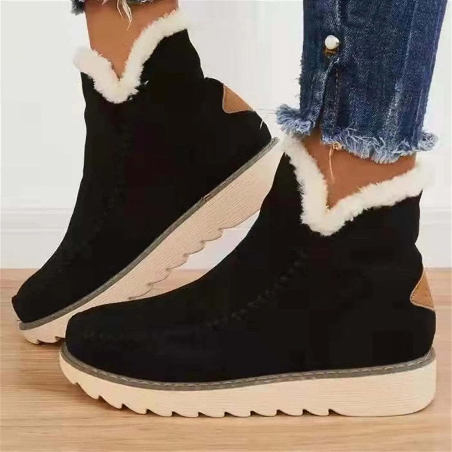 Ladmiple Boots for Women Ankle Booties with Fur High-top Winter Snow Boots Slip on Warm Comfortable Outdoor Walking Shoes