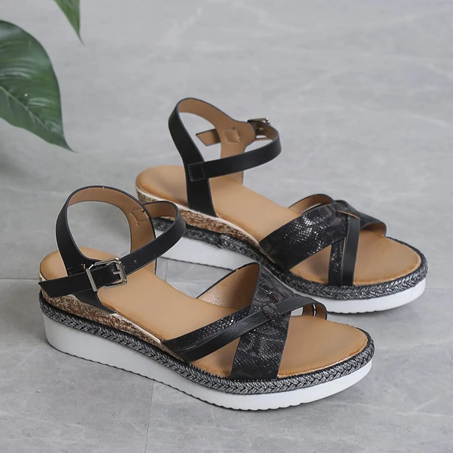 Women Platform Sandals Open Toe Adjustable Buckle Ankle Strap Sandals Casual Arch Support Outdoor Beach Shoes