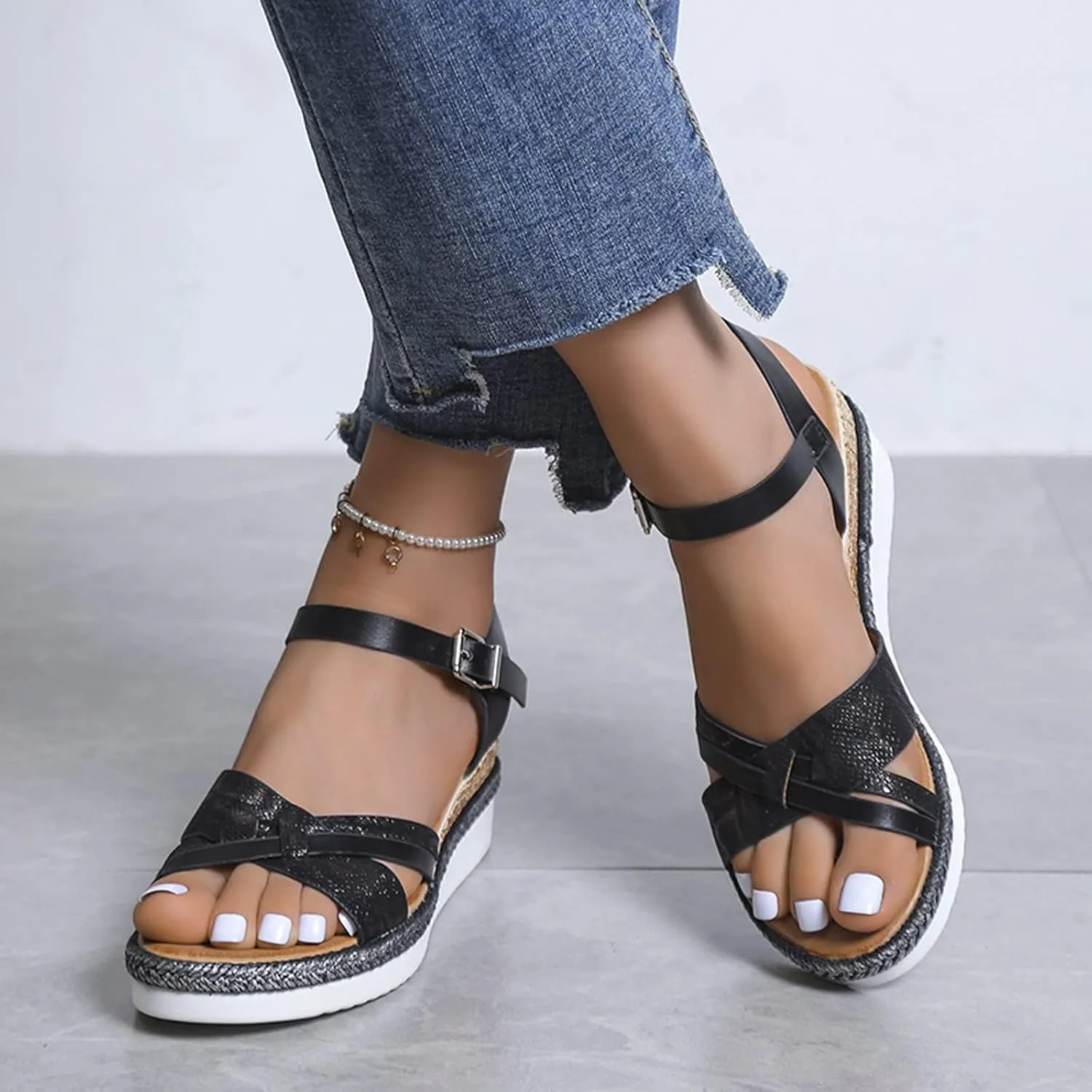 Women Platform Sandals Open Toe Adjustable Buckle Ankle Strap Sandals Casual Arch Support Outdoor Beach Shoes