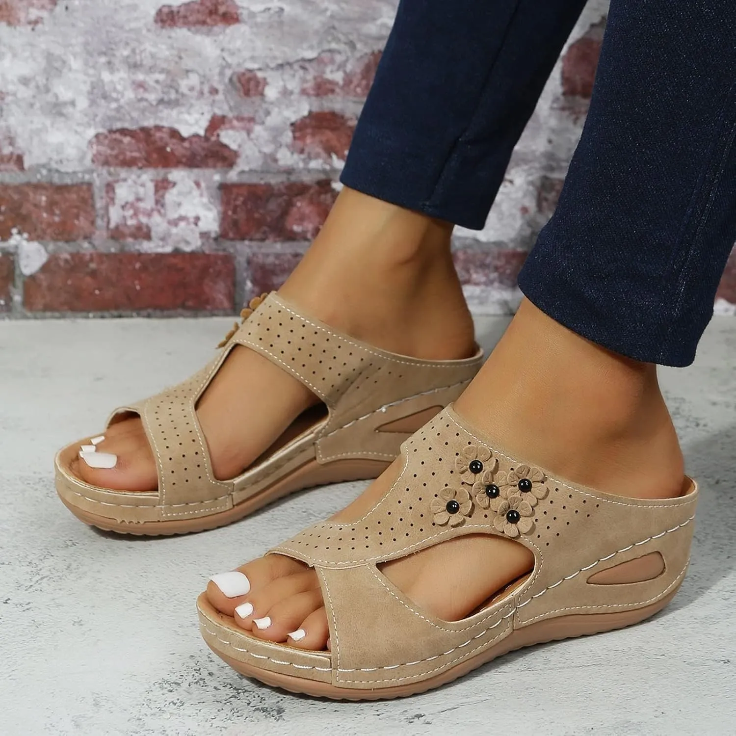 Women's Orthopedic Sandals Slip On Open Toe Flowers PU Wedge Platform Comfortable Arch Support Slippers