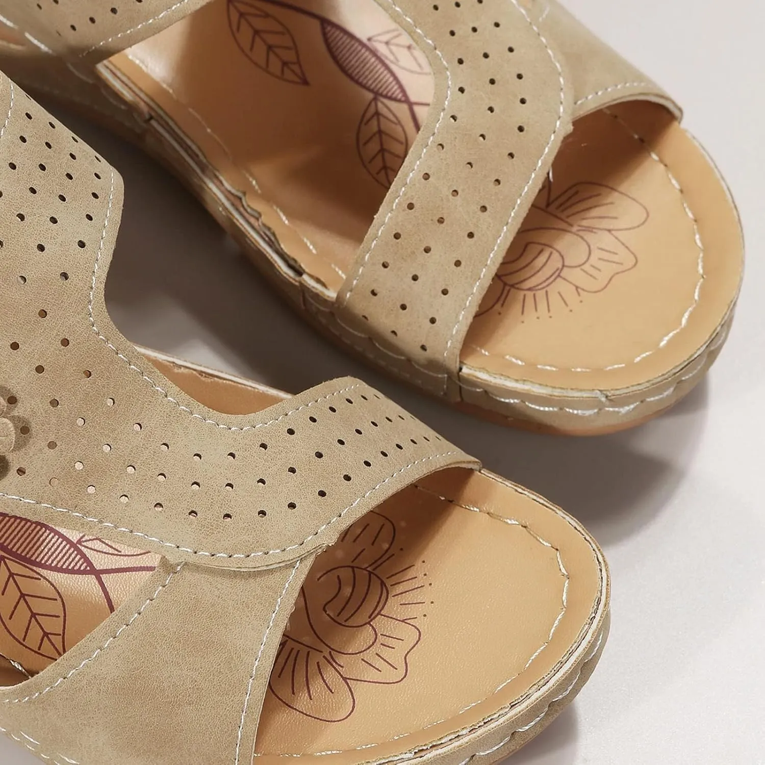 Women's Orthopedic Sandals Slip On Open Toe Flowers PU Wedge Platform Comfortable Arch Support Slippers