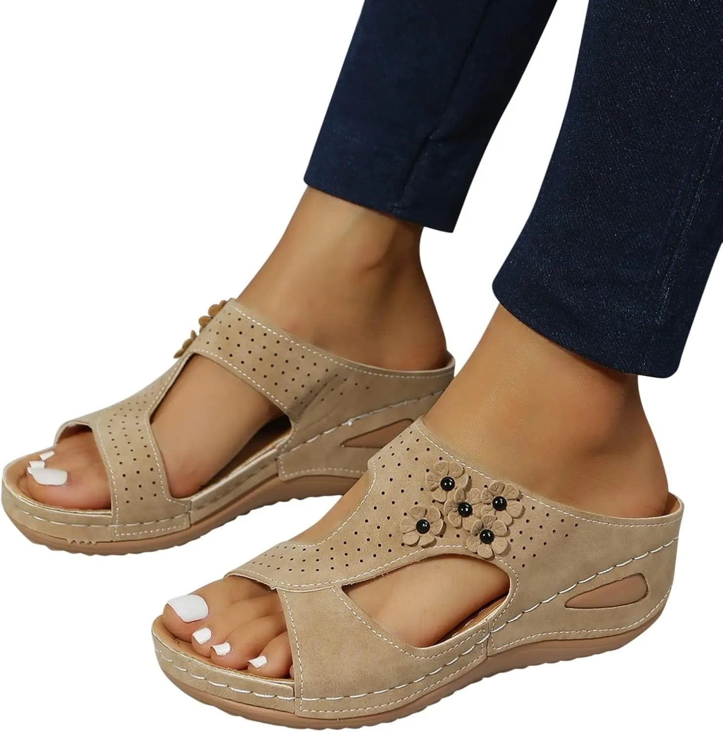 Women's Orthopedic Sandals Slip On Open Toe Flowers PU Wedge Platform Comfortable Arch Support Slippers